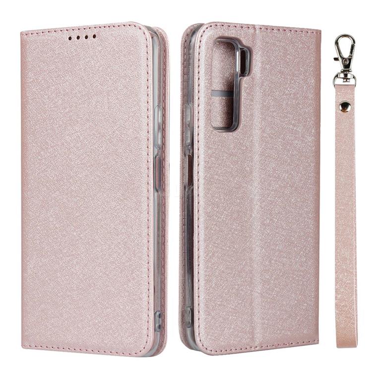 Ultra Slim Magnetic Automatic Suction Silk Lanyard Leather Flip Cover for Huawei P40 Lite 5G - Rose Gold