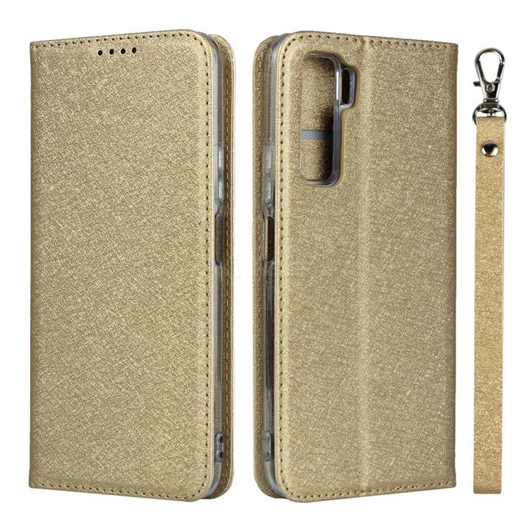 Ultra Slim Magnetic Automatic Suction Silk Lanyard Leather Flip Cover for Huawei P40 Lite 5G - Golden