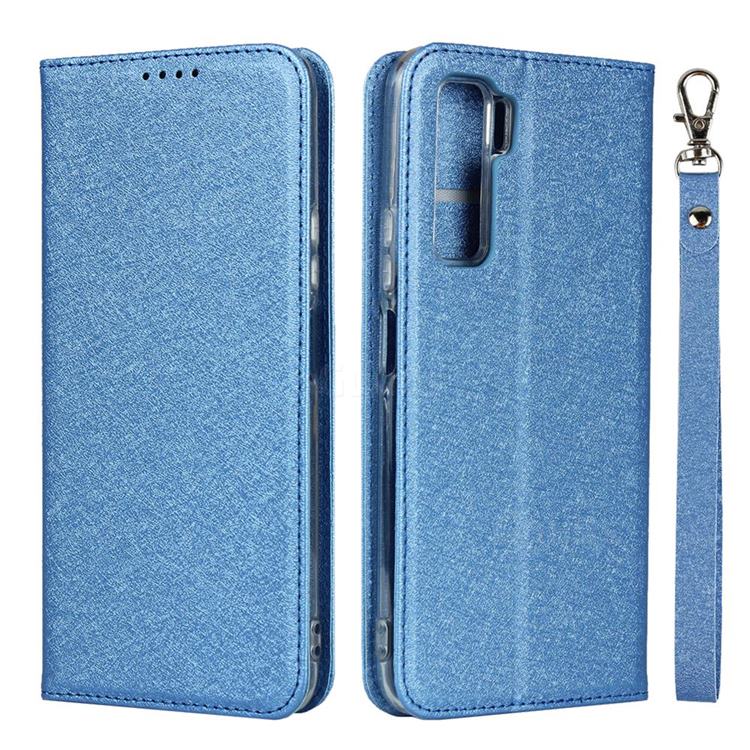 Ultra Slim Magnetic Automatic Suction Silk Lanyard Leather Flip Cover for Huawei P40 Lite 5G - Sky Blue