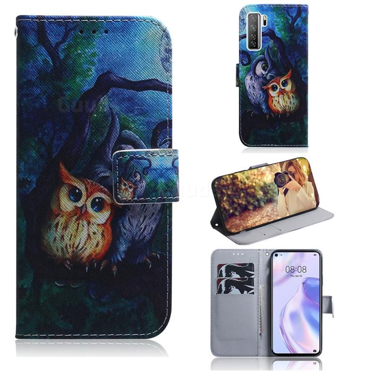 Oil Painting Owl PU Leather Wallet Case for Huawei P40 Lite 5G