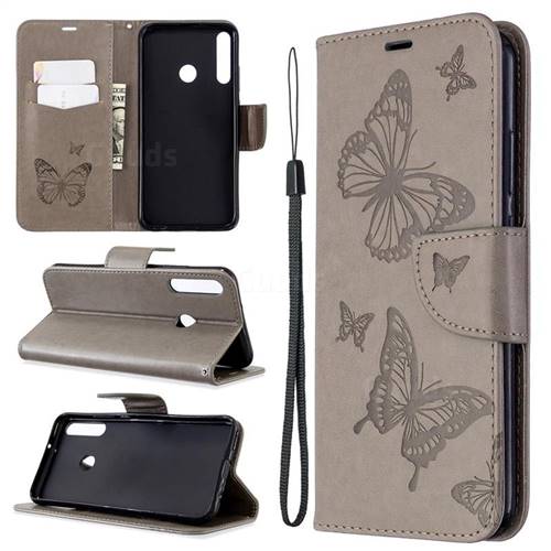 Embossing Double Butterfly Leather Wallet Case for Huawei P40 Lite E - Gray