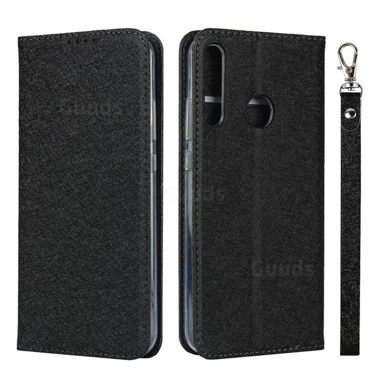 Ultra Slim Magnetic Automatic Suction Silk Lanyard Leather Flip Cover for Huawei P40 Lite E - Black