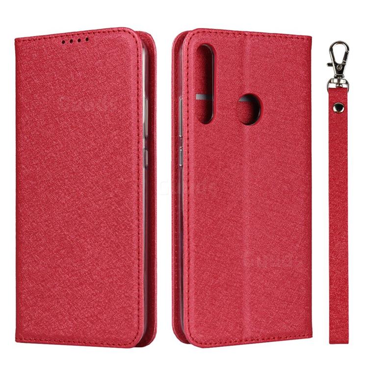 Ultra Slim Magnetic Automatic Suction Silk Lanyard Leather Flip Cover for Huawei P40 Lite E - Red