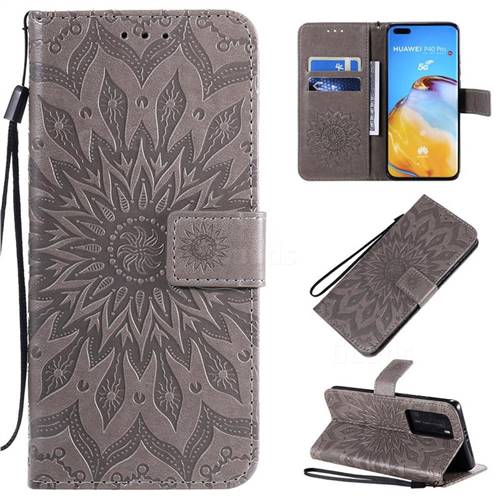 Embossing Sunflower Leather Wallet Case for Huawei P40 Pro - Gray