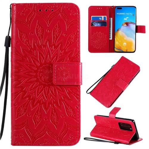 Embossing Sunflower Leather Wallet Case for Huawei P40 Pro - Red