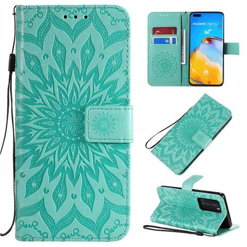 Embossing Sunflower Leather Wallet Case for Huawei P40 Pro - Green