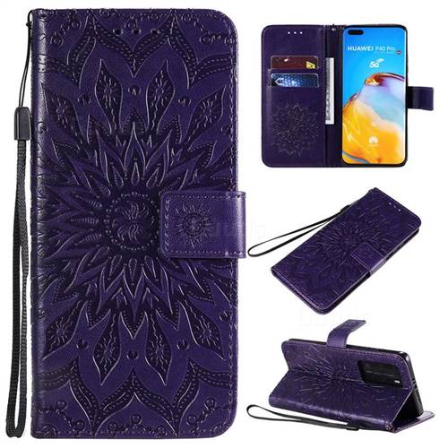 Embossing Sunflower Leather Wallet Case for Huawei P40 Pro - Purple