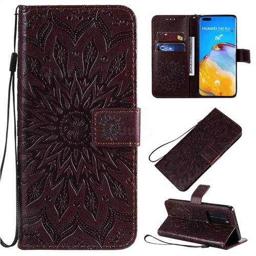 Embossing Sunflower Leather Wallet Case for Huawei P40 Pro - Brown