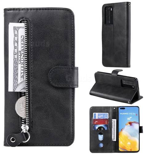 Retro Luxury Zipper Leather Phone Wallet Case for Huawei P40 Pro - Black