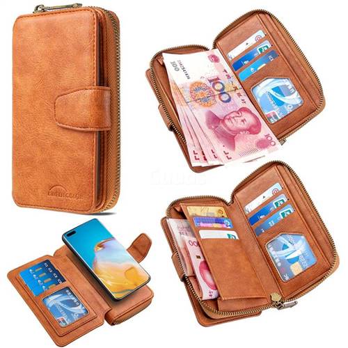 Binfen Color Retro Buckle Zipper Multifunction Leather Phone Wallet for Huawei P40 Pro - Brown