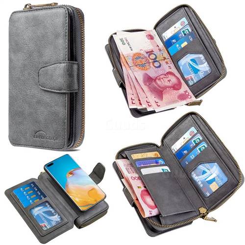 Binfen Color Retro Buckle Zipper Multifunction Leather Phone Wallet for Huawei P40 Pro - Gray