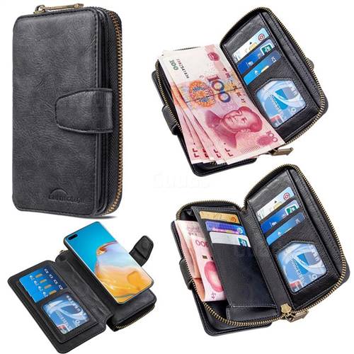 Binfen Color Retro Buckle Zipper Multifunction Leather Phone Wallet for Huawei P40 Pro - Black