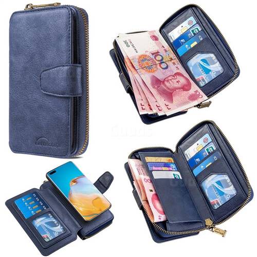 Binfen Color Retro Buckle Zipper Multifunction Leather Phone Wallet for Huawei P40 Pro - Blue