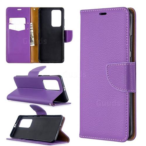 Classic Luxury Litchi Leather Phone Wallet Case for Huawei P40 Pro - Purple