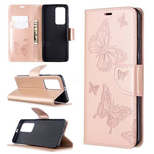 Embossing Double Butterfly Leather Wallet Case for Huawei P40 Pro - Rose Gold