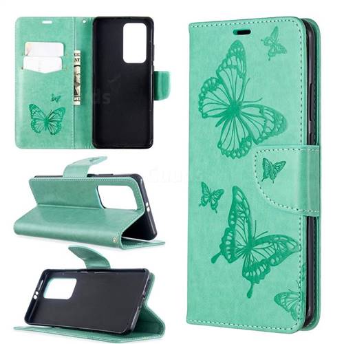 Embossing Double Butterfly Leather Wallet Case for Huawei P40 Pro - Green
