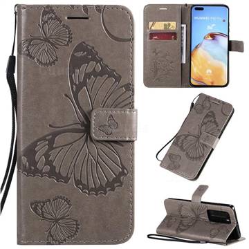 Embossing 3D Butterfly Leather Wallet Case for Huawei P40 Pro - Gray