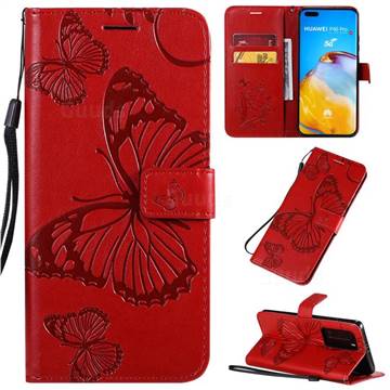 Embossing 3D Butterfly Leather Wallet Case for Huawei P40 Pro - Red