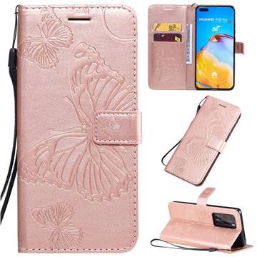 Embossing 3D Butterfly Leather Wallet Case for Huawei P40 Pro - Rose Gold