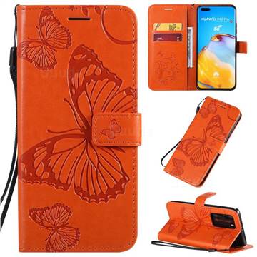 Embossing 3D Butterfly Leather Wallet Case for Huawei P40 Pro - Orange