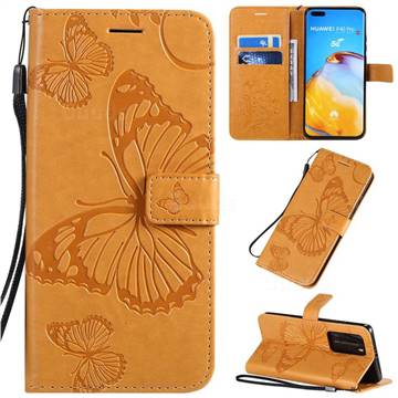Embossing 3D Butterfly Leather Wallet Case for Huawei P40 Pro - Yellow