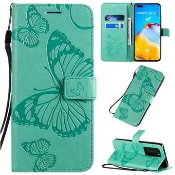 Embossing 3D Butterfly Leather Wallet Case for Huawei P40 Pro - Green