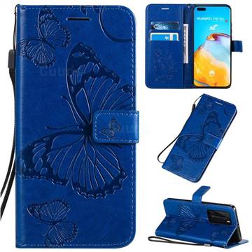 Embossing 3D Butterfly Leather Wallet Case for Huawei P40 Pro - Blue