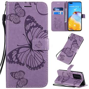 Embossing 3D Butterfly Leather Wallet Case for Huawei P40 Pro - Purple