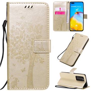 Embossing Butterfly Tree Leather Wallet Case for Huawei P40 Pro - Champagne