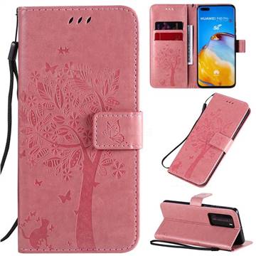 Embossing Butterfly Tree Leather Wallet Case for Huawei P40 Pro - Pink
