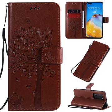 Embossing Butterfly Tree Leather Wallet Case for Huawei P40 Pro - Coffee