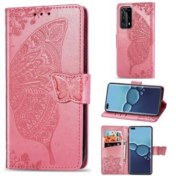 Embossing Mandala Flower Butterfly Leather Wallet Case for Huawei P40 Pro - Pink