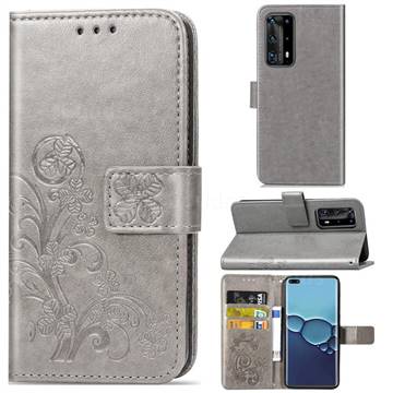 Embossing Imprint Four-Leaf Clover Leather Wallet Case for Huawei P40 Pro - Grey