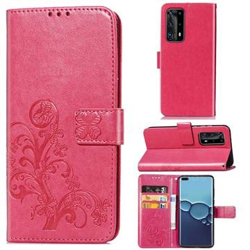Embossing Imprint Four-Leaf Clover Leather Wallet Case for Huawei P40 Pro - Rose Red
