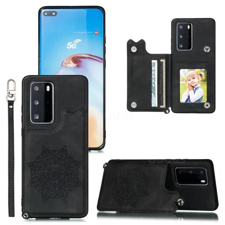 Luxury Mandala Multi-function Magnetic Card Slots Stand Leather Back Cover for Huawei P40 Pro - Black