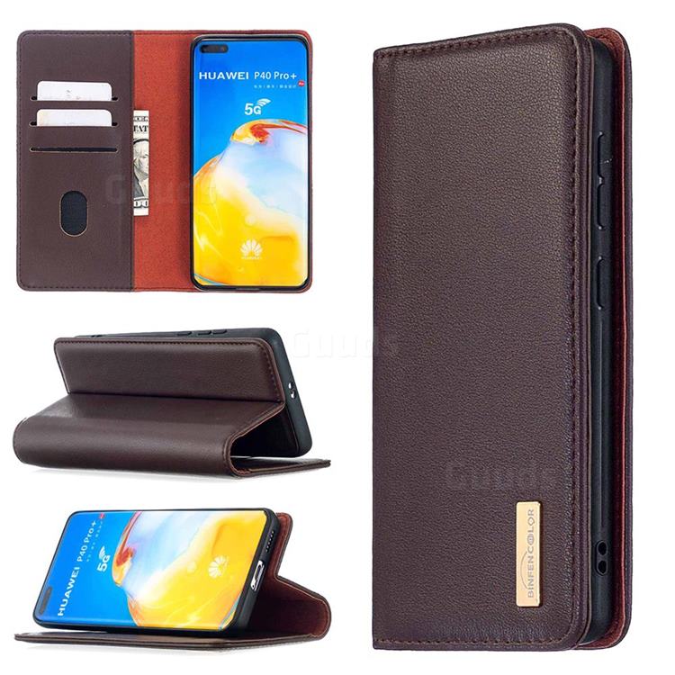 Binfen Color BF06 Luxury Classic Genuine Leather Detachable Magnet Holster Cover for Huawei P40 Pro - Dark Brown