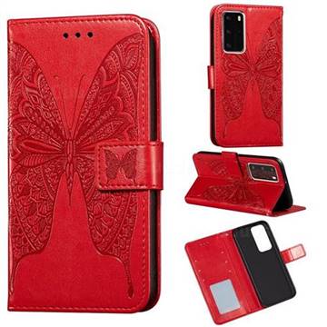 Intricate Embossing Vivid Butterfly Leather Wallet Case for Huawei P40 Pro - Red