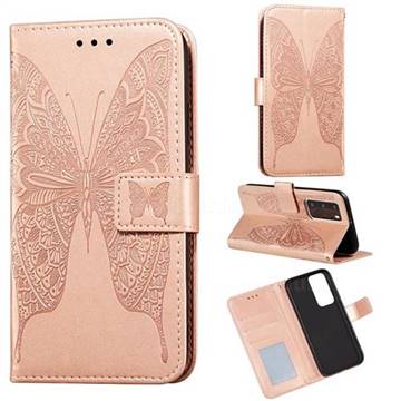 Intricate Embossing Vivid Butterfly Leather Wallet Case for Huawei P40 Pro - Rose Gold