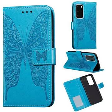 Intricate Embossing Vivid Butterfly Leather Wallet Case for Huawei P40 Pro - Blue