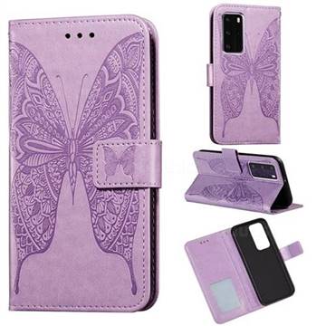 Intricate Embossing Vivid Butterfly Leather Wallet Case for Huawei P40 Pro - Purple
