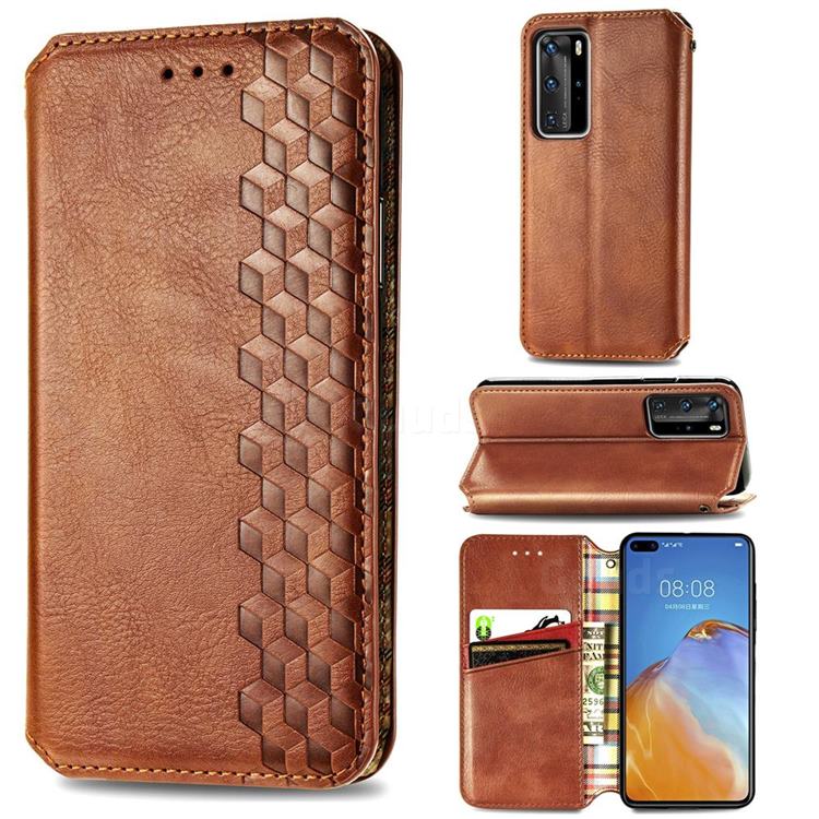 Ultra Slim Fashion Business Card Magnetic Automatic Suction Leather Flip Cover for Huawei P40 Pro - Brown