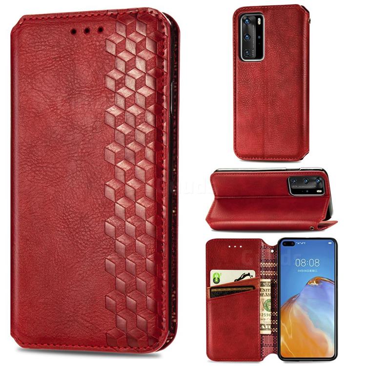 Ultra Slim Fashion Business Card Magnetic Automatic Suction Leather Flip Cover for Huawei P40 Pro - Red