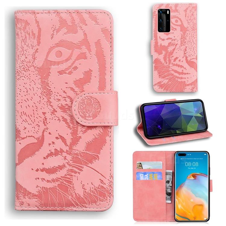 Intricate Embossing Tiger Face Leather Wallet Case for Huawei P40 Pro - Pink