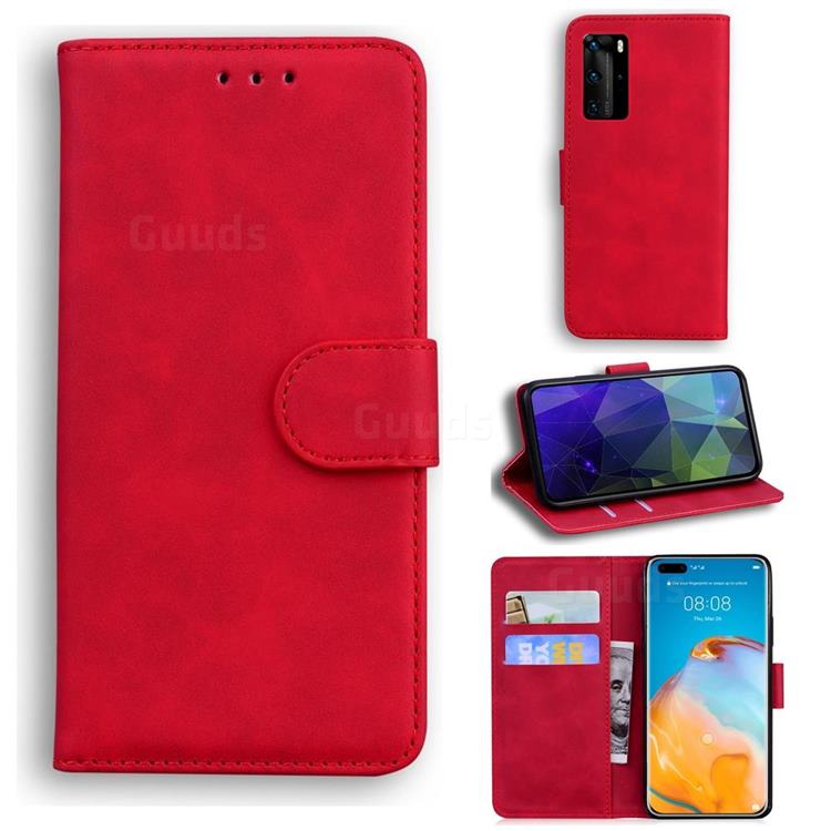 Retro Classic Skin Feel Leather Wallet Phone Case for Huawei P40 Pro - Red