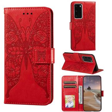 Intricate Embossing Rose Flower Butterfly Leather Wallet Case for Huawei P40 Pro - Red