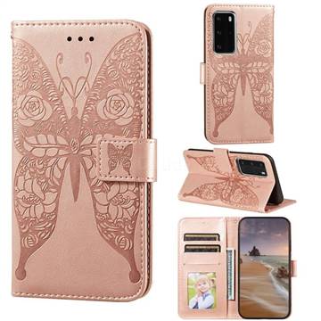 Intricate Embossing Rose Flower Butterfly Leather Wallet Case for Huawei P40 Pro - Rose Gold
