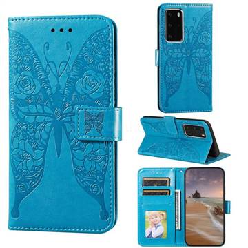 Intricate Embossing Rose Flower Butterfly Leather Wallet Case for Huawei P40 Pro - Blue
