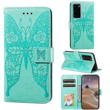 Intricate Embossing Rose Flower Butterfly Leather Wallet Case for Huawei P40 Pro - Green