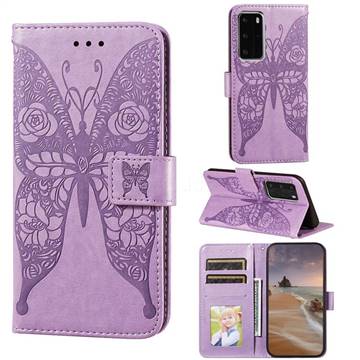 Intricate Embossing Rose Flower Butterfly Leather Wallet Case for Huawei P40 Pro - Purple