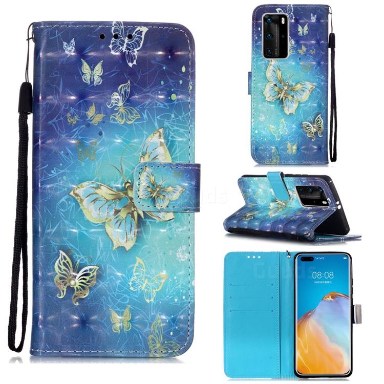 Gold Butterfly 3D Painted Leather Wallet Case for Huawei P40 Pro